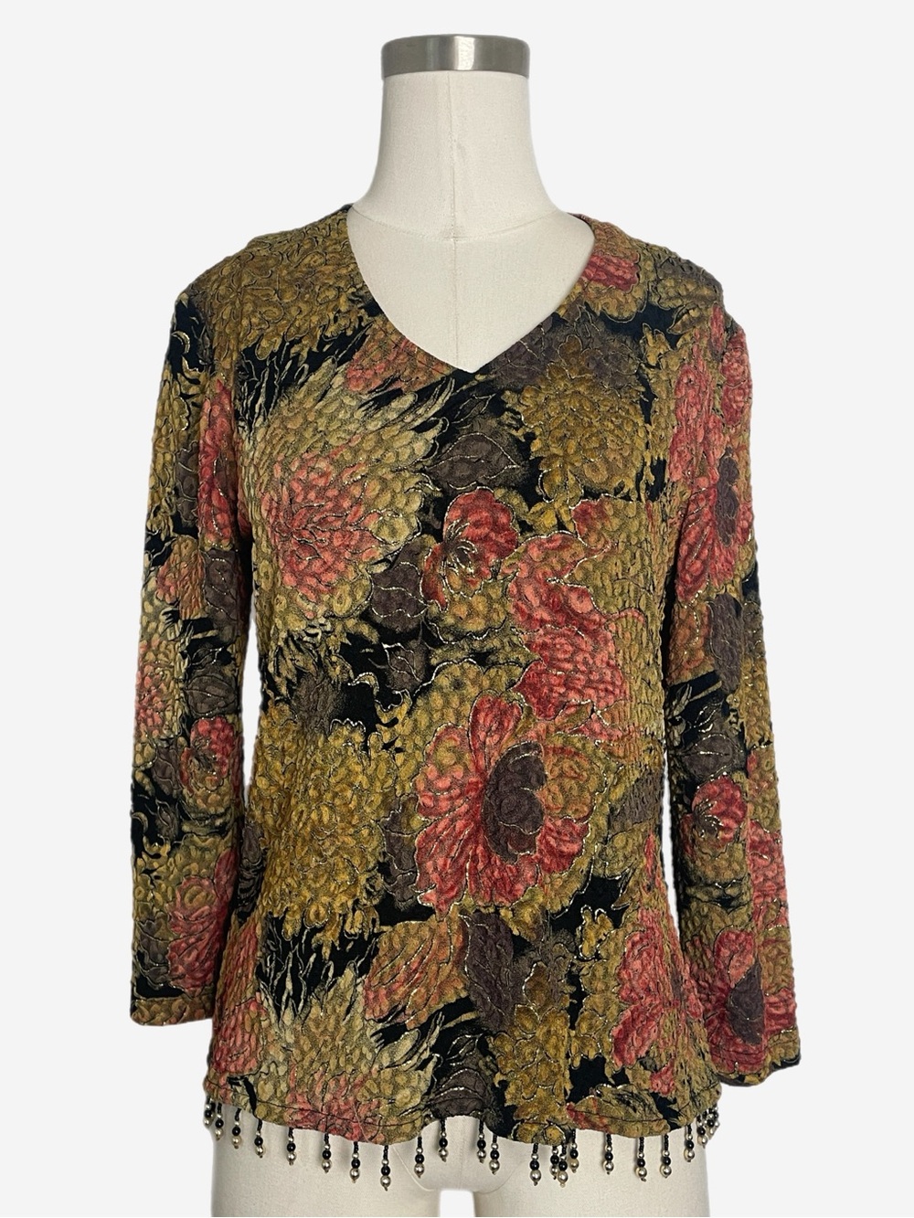 Vintage 90s Ronnie Nicole tan red floral texture beaded fringe top swamp fairy S